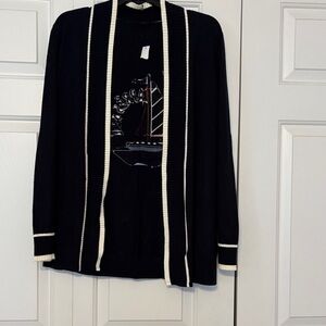 Talbots Navy Cardigan Sweater with White Trim